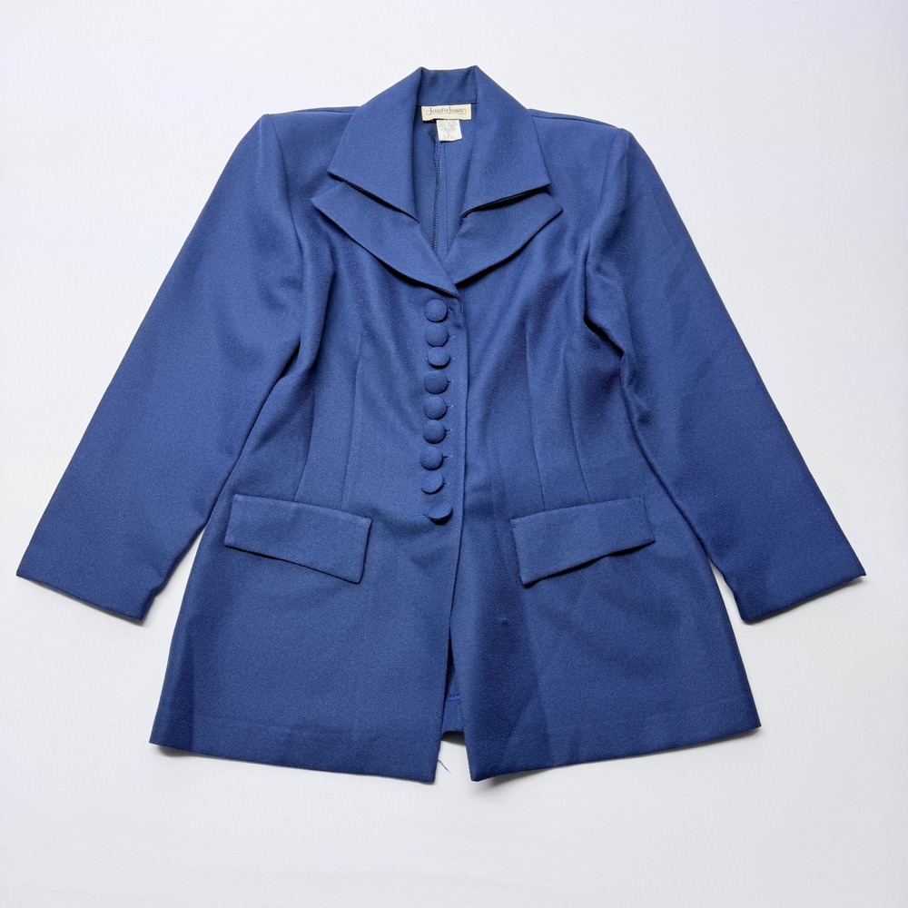 Jennifer James Vintage Royal Blue Crepe Blazer Button Front Notched Lapel Size 8